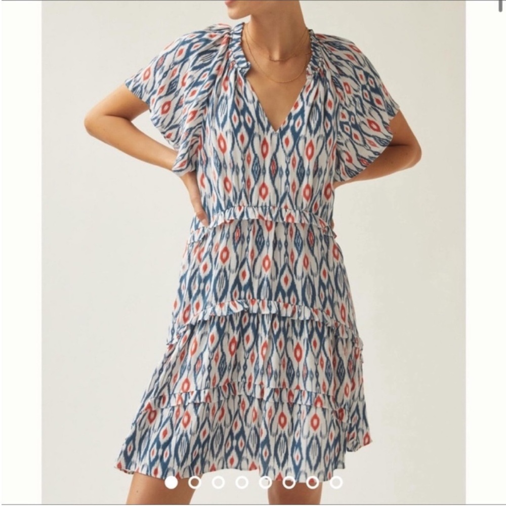 ANTHROPOLOGIE Robin Tiered Ruffle Dress in Ikat White & Blue Print XS